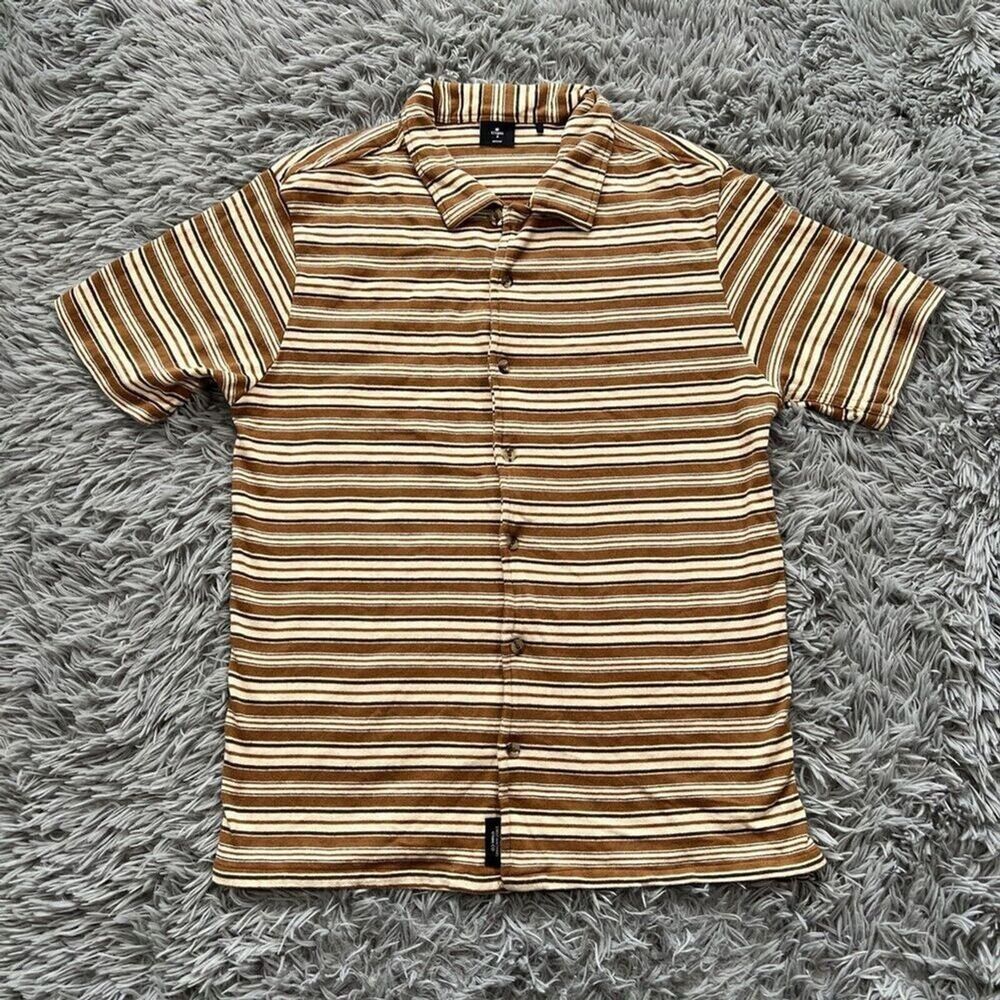 Thrills Men’s Knit Striped Button Down Shirt Neutral Brown Soft Medium Collared